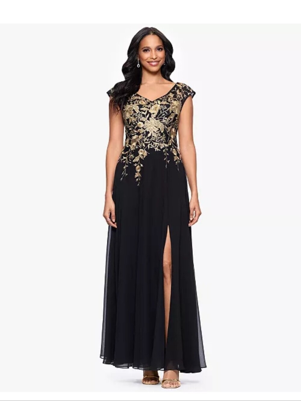 Betsy & Adam Black Gold Embroidered Floral Formal Maxi Gown Dress Size 4 $299